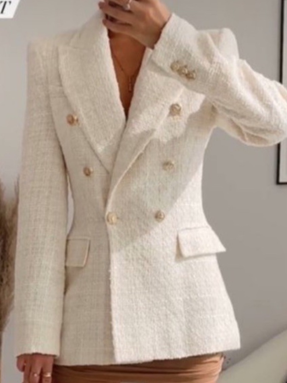 ZARA ECRU GOLD BUTTON DBL BREASTED BLAZER BLOGGERS FAVE KATE MIDDLETON TWEED XS - Picture 2 of 13